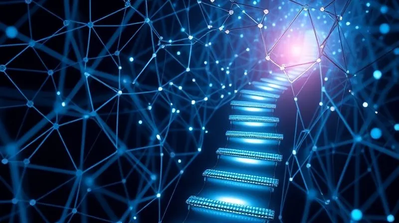A photorealistic image of a path forward, with clear, illuminated footsteps leading through a complex, intertwined digital network, symbolizing clarity and protection after overcoming a challenge. Cinematic lighting, sharp focus, 8K, professional photography, depth of field.