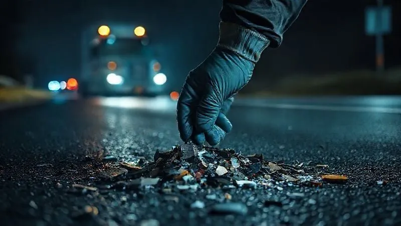 Photorealistic, professional photography, 8K, cinematic lighting, sharp focus, depth of field, shot on a high-end DSLR. A gloved hand meticulously collecting shattered pieces of metal and plastic from a dark, wet asphalt road, illuminated by the beam of a flashlight. In the background, faint police lights and a damaged truck are visible, conveying the urgency and detail-oriented nature of immediate evidence collection after a truck accident.