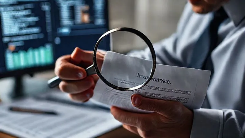 A photorealistic image of a legal professional meticulously examining a complex title report document, magnifying glass in hand, with blurred legal texts and a computer screen displaying property records in the background. The lighting is focused and intense, highlighting the detail-oriented work, 8K, cinematic lighting, sharp focus, depth of field, shot on a high-end DSLR.