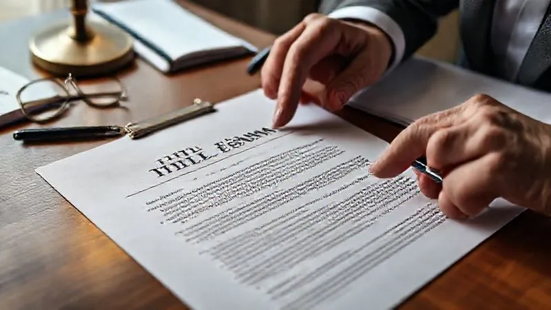 A photorealistic, professional photography, 8K, cinematic lighting, sharp focus, depth of field, shot on a high-end DSLR image of a detailed title insurance policy document open on a desk, with a hand pointing to a specific clause, surrounded by legal notes and a pen. The focus is on the document, symbolizing protection and security in real estate transactions.
