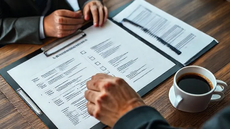 A photorealistic, professional photography, 8K, cinematic lighting, sharp focus, depth of field, shot on a high-end DSLR image of a detailed checklist or flowchart for property acquisition due diligence, with a hand checking off items, surrounded by a tablet displaying legal documents and a cup of coffee. The scene conveys meticulous planning and proactive risk management.