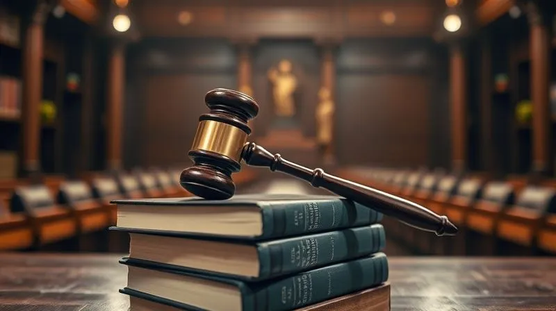 A photorealistic, professional photography shot of a gavel resting on a stack of legal books in a solemn courtroom setting. The lighting is dramatic, highlighting the weight and seriousness of legal proceedings. 8K, sharp focus on the gavel, depth of field blurring the background, shot on a high-end DSLR.