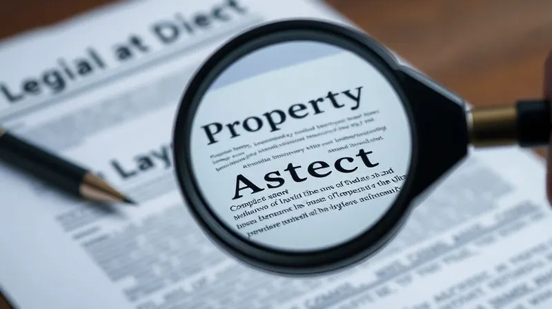 A photorealistic image of a magnifying glass held over a complex property deed or a title abstract, emphasizing the meticulous review of details. The background shows blurred legal documents and a pen, suggesting thorough investigation. Cinematic lighting, sharp focus on the magnified text, depth of field, 8K, professional photography.
