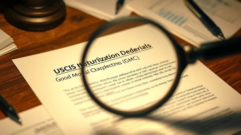 A close-up, photorealistic image of a USCIS naturalization denial letter, with a magnifying glass hovering over a paragraph that mentions "Good Moral Character issues" or "GMC." The letter is on a wooden desk, surrounded by other immigration documents, with a somber, professional lighting. 8K, sharp focus on the magnified text, depth of field blurring the background, shot on a high-end DSLR.