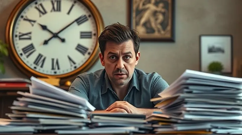 A photorealistic image of a person sitting at a desk, looking bewildered and stressed, surrounded by a disorganized pile of legal documents. A large, ornate clock on the wall behind them shows time rapidly passing, emphasizing missed deadlines and confusion. Cinematic lighting, sharp focus on the person's face, depth of field blurring the documents, 8K, shot on a high-end DSLR.