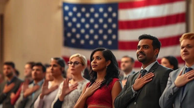 A hopeful, photorealistic image of a diverse group of individuals, hands over hearts, proudly taking the Oath of Allegiance at a naturalization ceremony, with a large, unfurled U.S. flag in the background. The scene is bathed in warm, celebratory cinematic lighting, sharp focus on the faces, depth of field blurring the background, 8K, professional photography, shot on a high-end DSLR, conveying a sense of achievement and belonging.