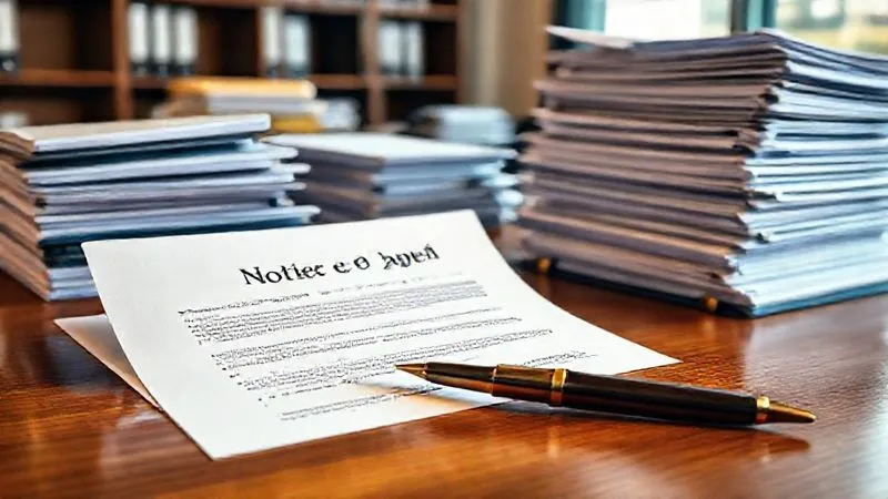A photorealistic image of a legal document titled 'Notice of Appeal' with a pen, surrounded by meticulously organized stacks of folders and papers on a polished wooden desk. The scene is lit with warm, focused light, emphasizing the importance of detail and precision. Sharp focus on the document, depth of field blurring the background of a professional office. 8K hyper-detailed, shot on a high-end DSLR.