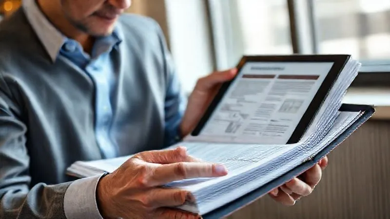 A photorealistic image of a diligent business professional meticulously reviewing a large, complex regulatory binder, with a digital tablet open to a government regulations website in the background. The scene is well-lit, conveying an atmosphere of focused study and attention to detail. Sharp focus on the binder and the professional's hands, with a shallow depth of field. 8K hyper-detailed, shot on a high-end DSLR.