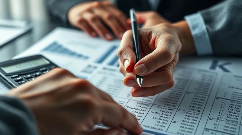 A photorealistic, professional photography, 8K, cinematic lighting, sharp focus, depth of field, shot on a high-end DSLR. A hand holding a pen poised over a complex financial document with various numbers and calculations, with a blurred calculator and a worried expression in the background, symbolizing the burden of penalties and the attempt to mitigate them. The mood is serious and contemplative.
