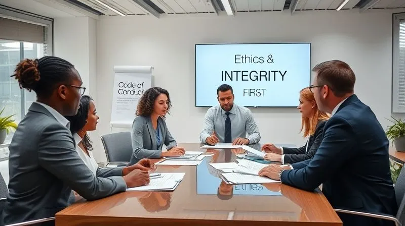 A photorealistic, professional photography, 8K, cinematic lighting, sharp focus, depth of field, shot on a high-end DSLR. A diverse group of business professionals in a modern, brightly lit office space, actively collaborating and discussing documents around a large table. The atmosphere is open, transparent, and engaged, with subtle visual cues like a 'Code of Conduct' poster in the background and a digital screen displaying 'Ethics & Integrity First'. The overall impression is one of shared responsibility, trust, and a strong, positive culture of compliance permeating the organization.