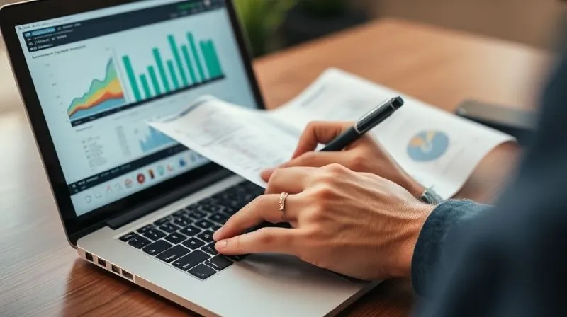 A photorealistic image of a person's hands meticulously comparing digital sales data on a laptop screen with printed financial statements, using a highlighter and pen. The scene is professional, organized, and focused, with soft, natural lighting, 8K, sharp focus, depth of field, shot on a high-end DSLR.