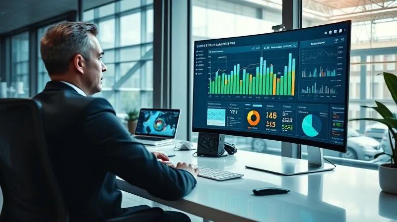 A photorealistic, professional photography, 8K, cinematic lighting, sharp focus, depth of field, shot on a high-end DSLR, depicting a business professional sitting at a modern desk, attentively reviewing a dashboard of sales tax compliance metrics on a large monitor, with smaller screens displaying tax news updates. The scene conveys proactive monitoring and informed decision-making, with a clean, organized aesthetic.