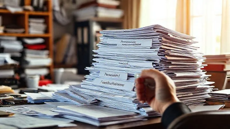 A photorealistic image showing a large, disorganized pile of paper files and binders labeled 'Permit Applications' on a cluttered desk, with a single, overwhelmed hand reaching for a coffee cup, cinematic lighting, sharp focus on the papers, depth of field blurring the background, 8K hyper-detailed, shot on a high-end DSLR.
