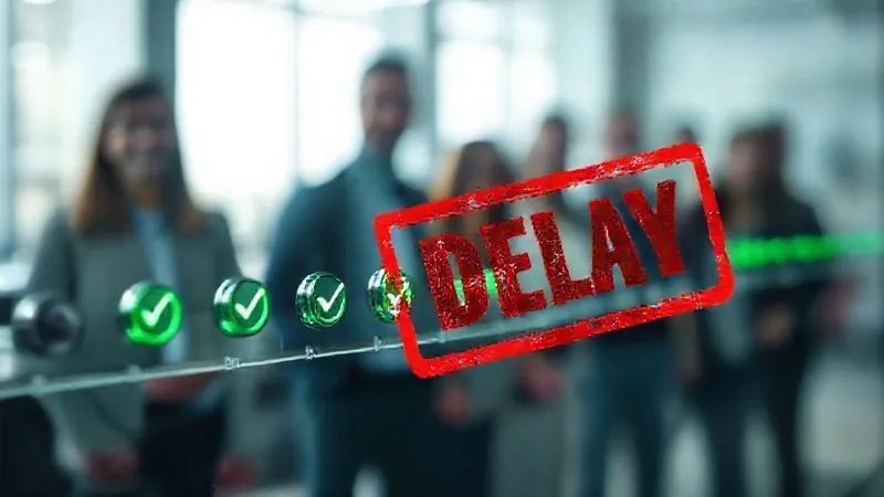 A photorealistic image of a clear, organized project timeline with green checkmarks indicating progress and a red 'DELAY' stamp being ceremonially removed, symbolizing resolution, cinematic lighting, sharp focus on the timeline, depth of field blurring a background of happy team members, 8K hyper-detailed, shot on a high-end DSLR.