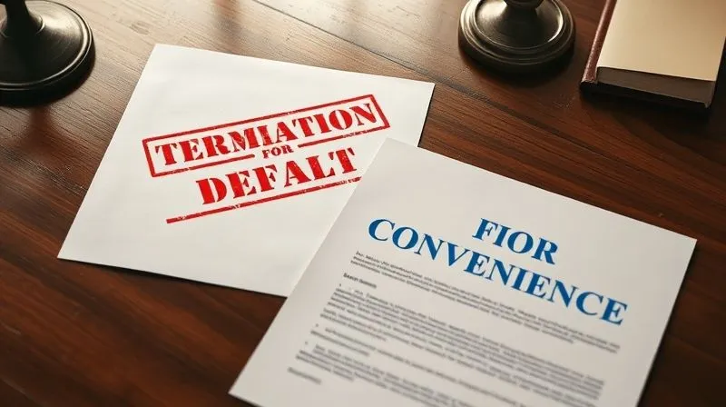 A photorealistic image of two contrasting documents on a polished wooden desk, one clearly labeled 'Termination for Default' with stern red stamps and a bold, authoritative font, the other 'Termination for Convenience' with a more neutral, professional appearance and blue text. The documents are slightly overlapping, with cinematic lighting highlighting the stark contrast between them. 8K, sharp focus, depth of field, shot on a high-end DSLR.