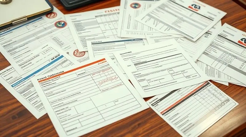 A photorealistic, detailed image of various international customs forms and shipping manifests, some with red stamps or highlighted errors, spread across a polished wooden desk. Professional photography, 8K, cinematic lighting, sharp focus on the documents, depth of field, shot on a high-end DSLR.
