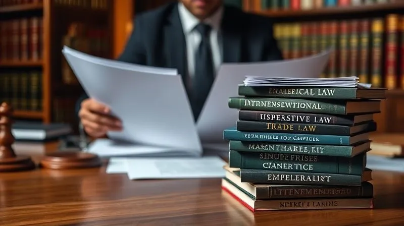 A photorealistic, professional image of a legal brief or a stack of international trade law books on a barrister's desk, with a focused legal professional (diverse, gender-neutral) in the background, subtly reviewing documents. Cinematic lighting, 8K, sharp focus on the legal texts, depth of field, shot on a high-end DSLR.