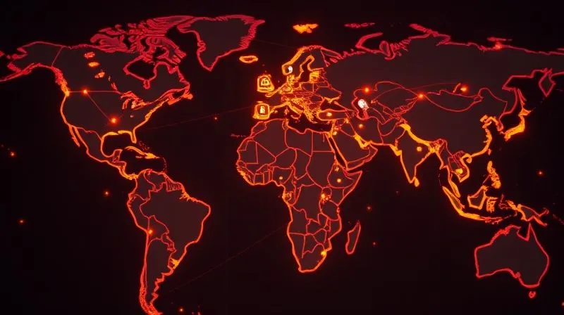 A photorealistic image depicting a complex global supply chain map with glowing lines connecting continents, overlaid with small icons representing customs checkpoints and insurance symbols. Professional photography, 8K, cinematic lighting, sharp focus on the map details, depth of field, shot on a high-end DSLR.