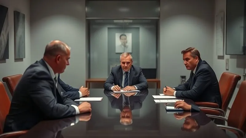 A photorealistic, professional photography image of a person (the professional) sitting across a table from two serious-looking investigators, with their attorney seated beside them, attentively listening and taking notes. The room is a sterile office, with cinematic lighting highlighting the tension. Sharp focus on the group, depth of field blurring the background. 8K, shot on a high-end DSLR.