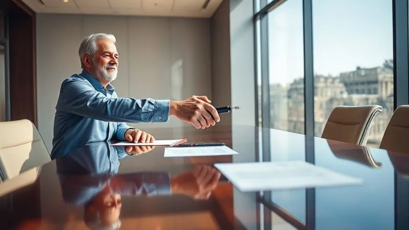photorealistic, professional photography, 8K, cinematic lighting, sharp focus, depth of field, shot on a high-end DSLR. A business owner, looking relieved yet determined, shaking hands with a tax advisor across a polished conference table. The table is clear of the previous audit documents, replaced by a single, signed agreement. Sunlight streams through a large window, symbolizing a new beginning and resolution after a period of challenge. The atmosphere is one of successful conclusion and renewed confidence.