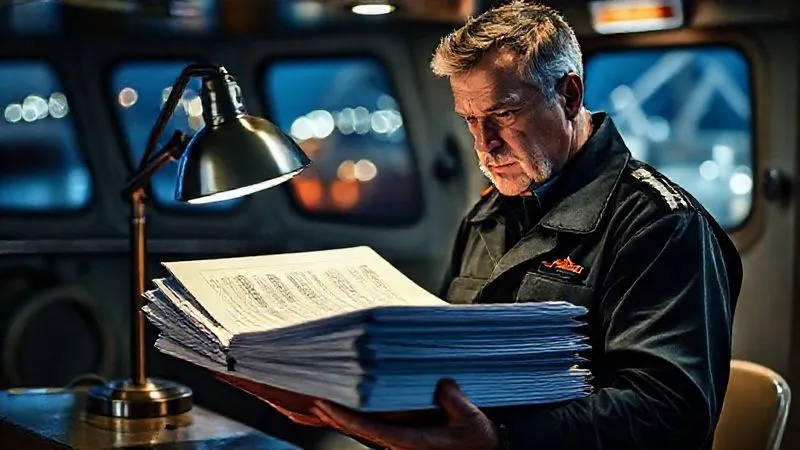 A photorealistic, professional photography of a ship's officer diligently reviewing a stack of logbooks and official maritime documents on a ship's bridge, with a serious, focused expression. The scene is illuminated by the soft glow of a desk lamp, casting dramatic shadows. In the background, port lights are visible through a window, slightly blurred. 8K hyper-detailed, sharp focus on the documents, depth of field, shot on a high-end DSLR.