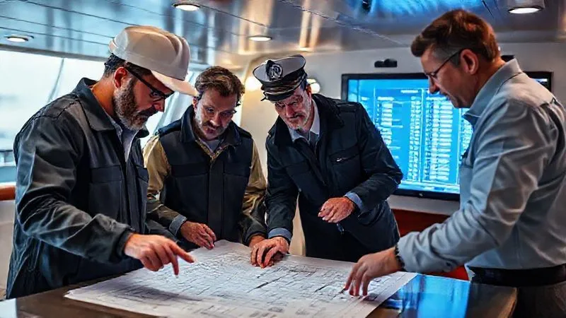 A photorealistic, professional photography of a diverse group of maritime professionals (engineer, captain, legal advisor) intensely collaborating around a technical blueprint or digital schematic on a ship's bridge, pointing at specific details. The atmosphere is serious and problem-solving, with strategic lighting highlighting their focused faces. In the background, a large monitor displays a detailed compliance checklist. 8K hyper-detailed, sharp focus on the blueprint and faces, depth of field, shot on a high-end DSLR.