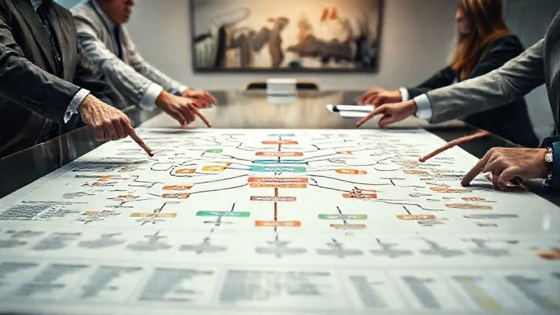 A photorealistic, professional photography of a detailed, color-coded flowchart or process map illustrating a root cause analysis, spread out on a large conference table. Hands of maritime executives and technical staff are subtly pointing at different sections, indicating collaborative problem-solving. The background is a modern, well-lit office, with a subtle maritime painting on the wall. 8K hyper-detailed, sharp focus on the flowchart, depth of field, shot on a high-end DSLR.