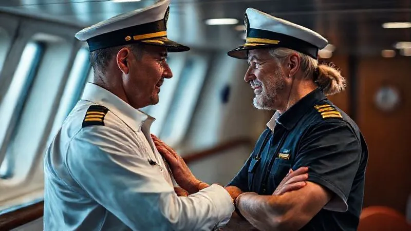 A photorealistic, professional photography of a ship's captain and a crew member having a supportive conversation in a quiet corner of the ship's mess hall or bridge, with the captain gently placing a hand on the crew member's shoulder. The lighting is soft and empathetic, highlighting their expressions of concern and reassurance. The background is slightly blurred, focusing on the human connection. 8K hyper-detailed, sharp focus on the faces, depth of field, shot on a high-end DSLR.