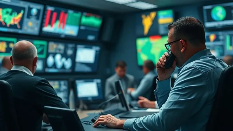 A photorealistic, professional photography, 8K, cinematic lighting, sharp focus, depth of field, shot on a high-end DSLR, depicting a tense but organized incident response team in a control room, looking at monitors displaying environmental data and communication channels, with one person making a serious phone call. The scene conveys urgency and structured action in the face of a crisis.