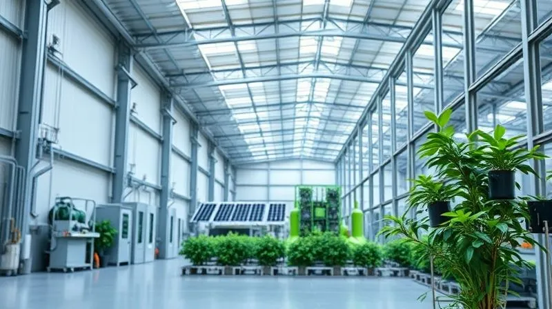 A photorealistic, professional photography, 8K, cinematic lighting, sharp focus, depth of field, shot on a high-end DSLR, showing a modern, clean industrial facility with visible green infrastructure elements, such as solar panels and rainwater harvesting, reflecting a commitment to environmental sustainability. The scene is bright and conveys efficiency and responsibility.