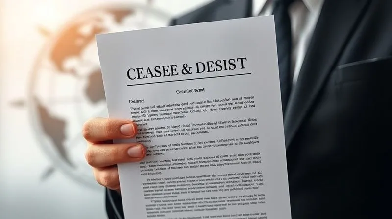 A photorealistic image of a legal document with a prominent 'Cease and Desist' heading, held by a hand in a professional suit, with a blurred background showing a globe and a compass, symbolizing international legal strategy. Cinematic lighting, sharp focus on the document, depth of field, 8K hyper-detailed, professional photography, shot on a high-end DSLR.