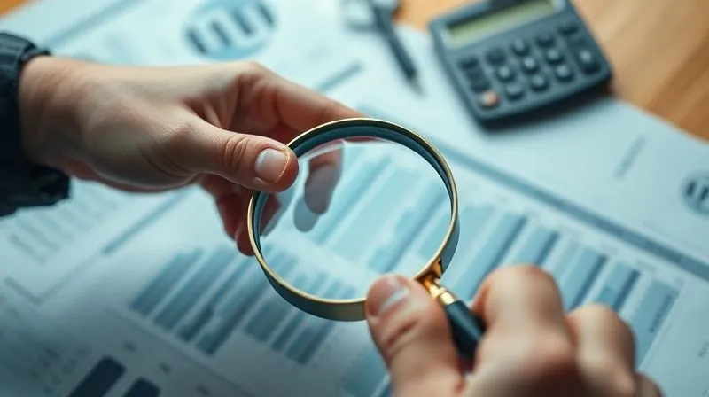 A photorealistic image of a hand holding a magnifying glass over a complex financial ledger, with a blurred background showing legal documents and a calculator, symbolizing the meticulous financial assessment of IP litigation. Cinematic lighting, sharp focus on the ledger, depth of field, 8K hyper-detailed, professional photography, shot on a high-end DSLR.