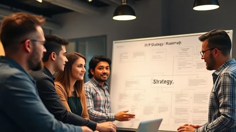 A photorealistic image of a diverse group of startup employees in a modern office, engaged in a brainstorming session, with a whiteboard in the background displaying a complex 'IP Strategy Roadmap' flowchart. Cinematic lighting, sharp focus on the team, depth of field, 8K hyper-detailed, professional photography, shot on a high-end DSLR.