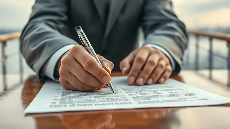 A close-up, photorealistic image of hands signing a complex legal document, with a blurred backdrop of a ship's bridge, emphasizing critical decision-making. Professional photography, 8K, cinematic lighting, sharp focus on the document and hands, depth of field, shot on a high-end DSLR.