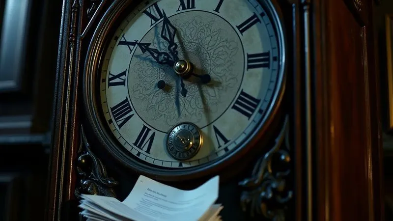 A photorealistic image of an old, intricate grandfather clock with its pendulum swinging rapidly, casting long shadows. The clock face is blurred, but the hands are close to midnight. Legal documents are scattered at its base. Professional photography, 8K, cinematic lighting, sharp focus on the pendulum, depth of field. The mood is urgent and foreboding.
