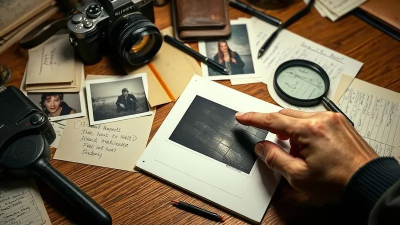 A photorealistic image of a detective's desk, cluttered with old photographs, magnifying glass, legal pads with scribbled notes, and a digital camera. A hand is pointing to a specific detail on a photograph of a wet floor. Cinematic lighting, 8K, sharp focus on the evidence, depth of field. The atmosphere is meticulous and investigative.