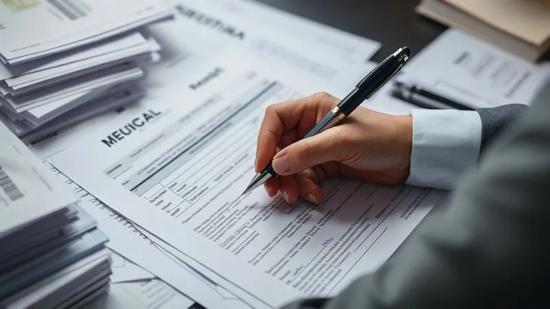 A photorealistic close-up of a hand meticulously filling out complex legal forms with a fountain pen, surrounded by stacks of medical bills and receipts. The light is focused on the documents, creating a sense of serious task. Professional photography, 8K, cinematic lighting, sharp focus on the forms, depth of field. The mood is diligent and detail-oriented.