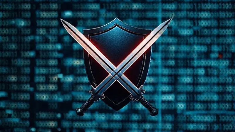 A photorealistic, professional photography, 8K, cinematic lighting, sharp focus, depth of field, shot on a high-end DSLR of a digital shield and a digital sword crossed, set against a backdrop of glowing binary code, symbolizing the protective and empowering aspects of Section 230 for online platforms. The focus is on the intricate details of the digital weaponry, with a subtle blur in the background.
