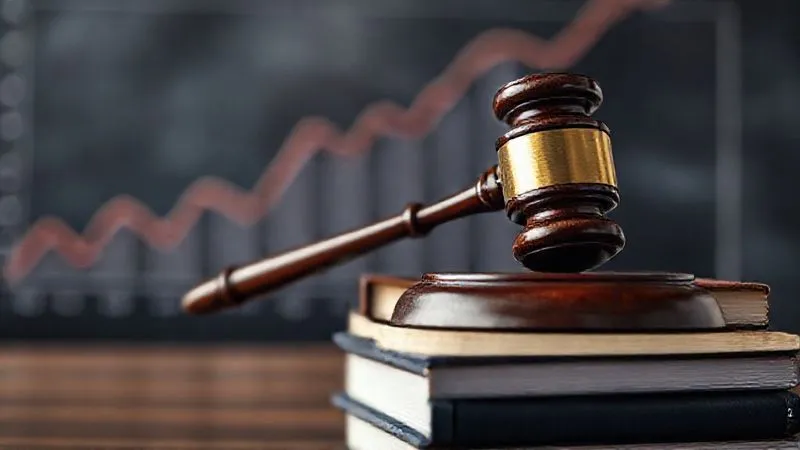 A photorealistic image of a gavel resting on a stack of law books, with a blurred background showing a graph trending downwards, symbolizing a shift in legal trends or power dynamics. Cinematic lighting, sharp focus on the gavel, depth of field, 8K hyper-detailed, professional photography, shot on a high-end DSLR.
