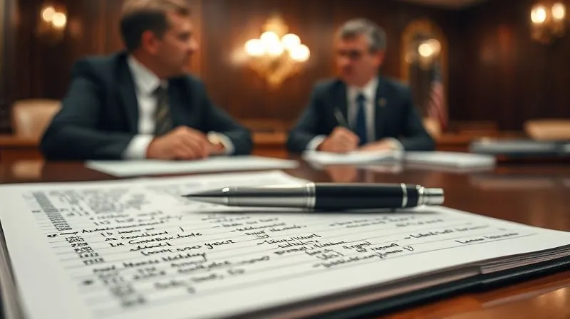 photorealistic, professional photography, 8K, cinematic lighting, sharp focus, depth of field, shot on a high-end DSLR, a legal pad with handwritten notes and legal codes, a pen resting on it, in the foreground. In the blurred background, two attorneys are engaged in a serious discussion in a courtroom setting, emphasizing the preparation and detail involved in legal strategy.