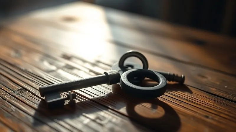 photorealistic, professional photography, 8K, cinematic lighting, sharp focus, depth of field, shot on a high-end DSLR, a single set of old, heavy prison cell keys lying on a worn wooden table, with a ray of light shining down on them, symbolizing freedom and the unlocking of a new path. The background is softly blurred, hinting at a new beginning.