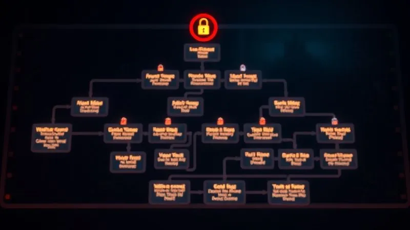 A flowchart or roadmap with glowing nodes representing steps in a cyber incident response, against a dark, secure background, photorealistic, professional photography, 8K, cinematic lighting, sharp focus, depth of field, shot on a high-end DSLR.