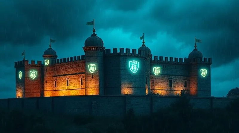 A fortified digital fortress with glowing protective shields, representing a robust cybersecurity defense, against a stormy digital landscape, photorealistic, professional photography, 8K, cinematic lighting, sharp focus, depth of field, shot on a high-end DSLR.