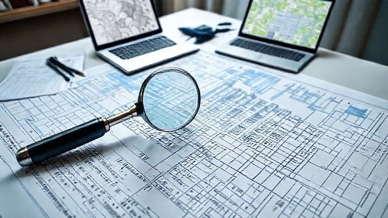 A photorealistic image of a detailed architectural blueprint spread out on a large table, with a magnifying glass over a specific section and various legal documents, pens, and a laptop with a zoning map open in the background. Cinematic lighting highlights the intricate details, sharp focus on the blueprint, depth of field blurring the background, 8K hyper-detailed, professional photography, shot on a high-end DSLR. The scene evokes meticulous research and strategic planning.
