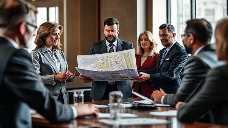 A photorealistic, professional photography, 8K, cinematic lighting, sharp focus on a diverse group of professionals (architect, lawyer, developer) confidently presenting detailed site plans and 3D renderings to a city zoning board, with community members observing. The atmosphere is formal yet engaged, depth of field blurring the background, shot on a high-end DSLR. The scene evokes effective communication and strategic persuasion.