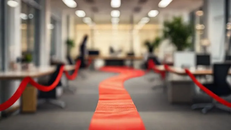 A photorealistic, professional photography, 8K, cinematic lighting, sharp focus on a winding, complex path made of red tape, with a single, clear, well-lit path diverging and leading straight ahead, symbolizing avoiding common pitfalls. The background is a blurred, modern office environment, depth of field, shot on a high-end DSLR. The scene evokes clarity and strategic decision-making.