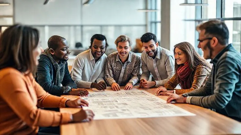 A photorealistic, professional photography, 8K, cinematic lighting, sharp focus on a diverse group of community members and a developer discussing blueprints and plans around a table, with positive and engaged body language, signifying successful community engagement. The setting is a bright, modern community center, depth of field blurring the background, shot on a high-end DSLR. The scene evokes collaboration and shared vision.