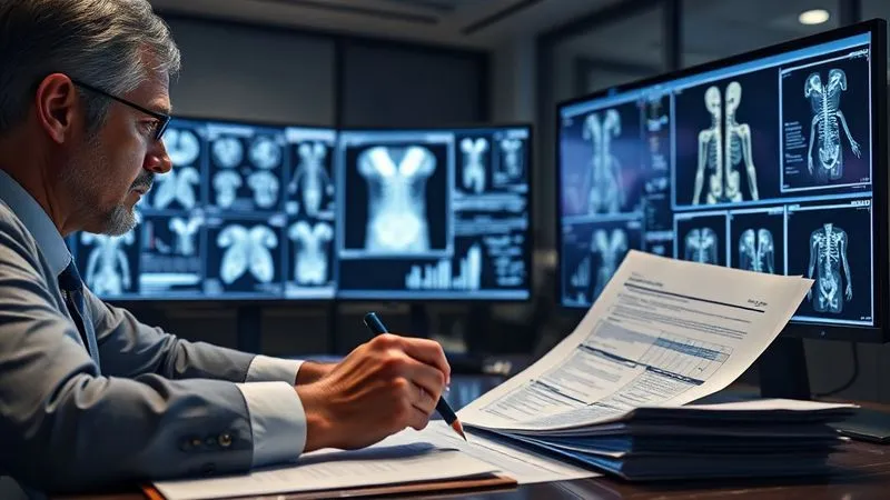 A photorealistic image of a legal team intently analyzing stacks of medical records and digital diagnostic images on multiple screens in a modern, well-lit law office. They are focused, with pens and highlighters, suggesting deep investigation. 8K, cinematic lighting, sharp focus on the documents and screens, depth of field, shot on a high-end DSLR.
