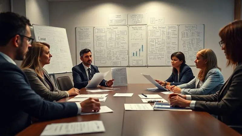A photorealistic image of a diverse legal team, including attorneys and paralegals, collaborating intensely around a large conference table, reviewing documents, and strategizing. Whiteboards with complex flowcharts are visible in the background. The mood is determined and focused. 8K, cinematic lighting, sharp focus on the team, depth of field, shot on a high-end DSLR.